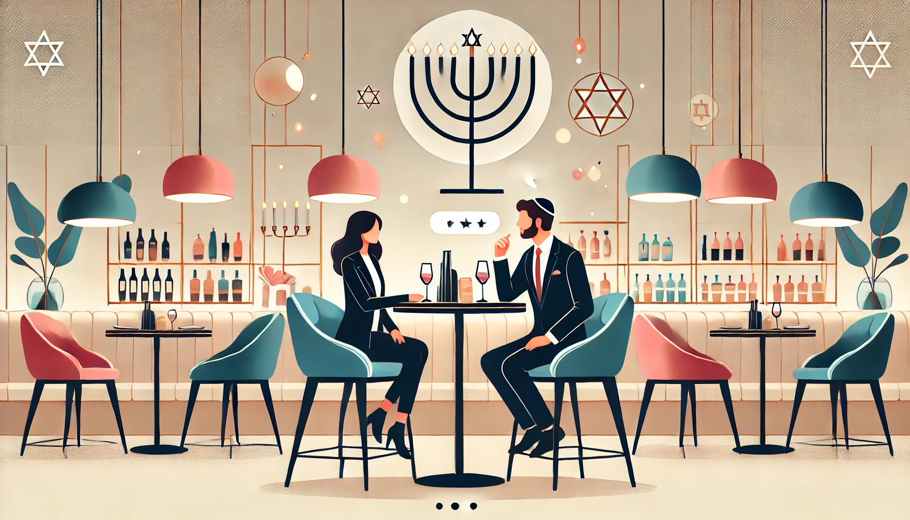 A young couple, a man and a woman, having a lively conversation at a stylish table. The background is designed with references to Jewish culture, including an elegantly executed menorah