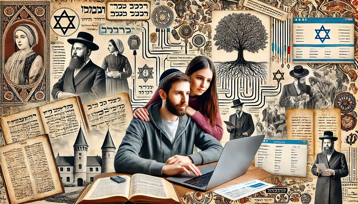 a man and a woman together looking at a Jewish genealogy site on a laptop